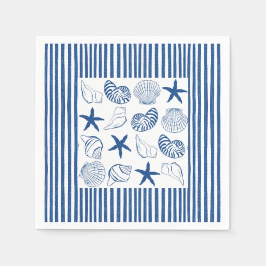 Blauw & Wit Nautische strepen en schelpen Servet (Voorkant)