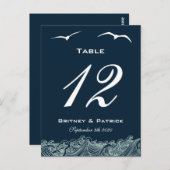 Blauw & Wit Nautische Trouwtafel Nummer Kaarten (Voorkant / Achterkant)