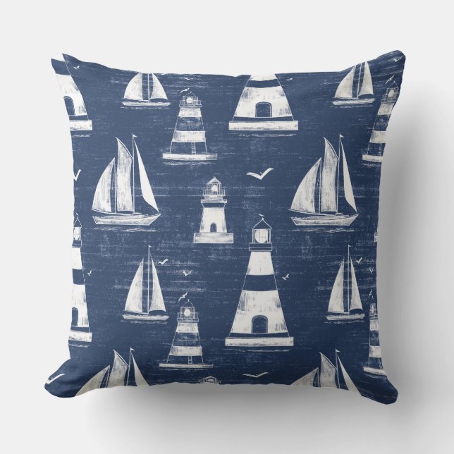 Blauw-Wit Nautische Vuurtoren Sierkussen (Voorkant)