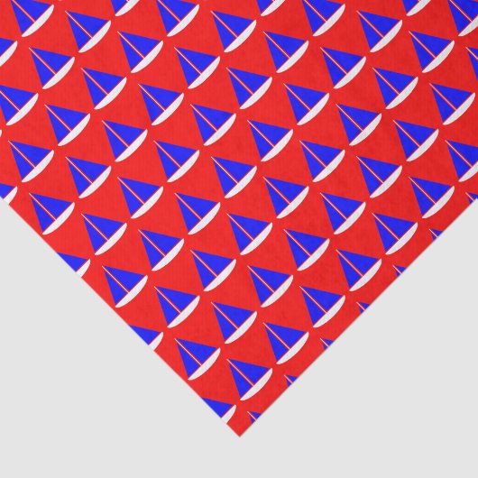 Blauw Wit Nautische Zeilboten op Rood Tissuepapier (Detail)
