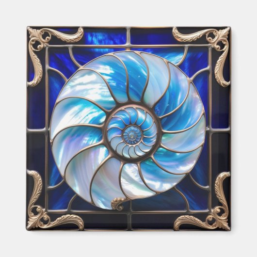 Blauw/Wit Nep Gebrandschilderd Nautilusschelp 3 Magneet (Voorkant)