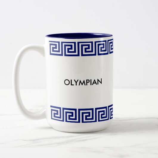 Blauw & Wit Olympisch Grieks geometrisch patroon Tweekleurige Koffiemok (Links)