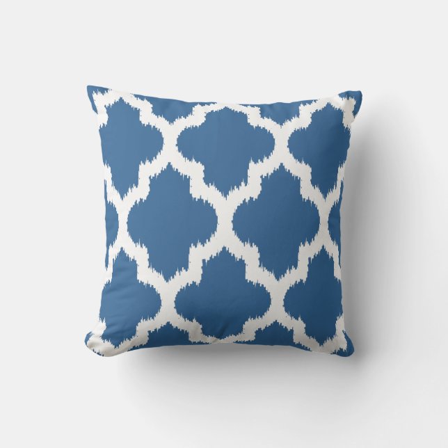 Blauw & Wit Omkeerbaar Ikat Quatrefoil Patroon Kussen (Voorkant)
