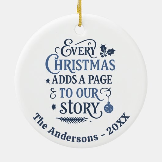 Blauw wit ons verhaal typografie Kerstmis Keramisch Ornament (Achterkant)