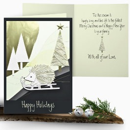 Blauw Wit Origami Kerst Egel op een slee Kaart