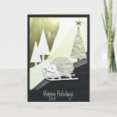 Blauw Wit Origami Kerst Egel op een slee Kaart (Voorkant)