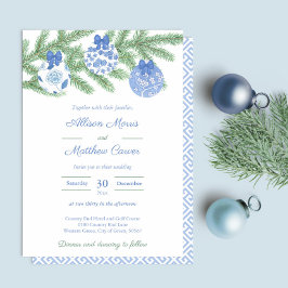 Blauw Wit Ornamenten Brandboom Feestdagen Bruiloft Kaart