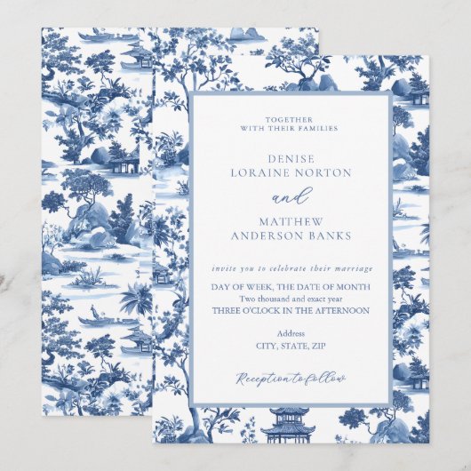 Blauw & Wit Pagoda Chinoiserie Toile Wedding Kaart (Voorkant / Achterkant)