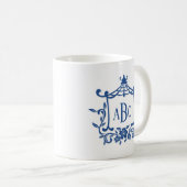 Blauw Wit Pagode Bloem Lijst Monogram Initialen Koffiemok (Voorkant rechts)