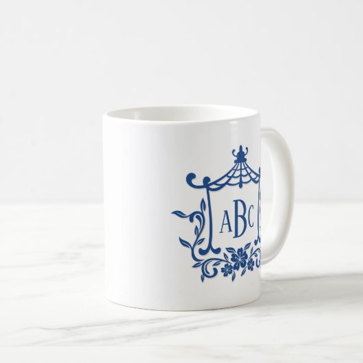 Blauw Wit Pagode Bloem Lijst Monogram Initialen Koffiemok (Voorkant rechts)
