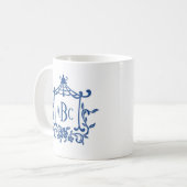 Blauw Wit Pagode Bloem Lijst Monogram Initialen Koffiemok (Voorkant links)