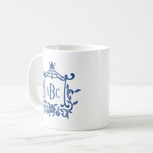 Blauw Wit Pagode Bloem Lijst Monogram Initialen Koffiemok (Voorkant links)