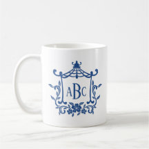 Blauw Wit Pagode Bloem Lijst Monogram Initialen