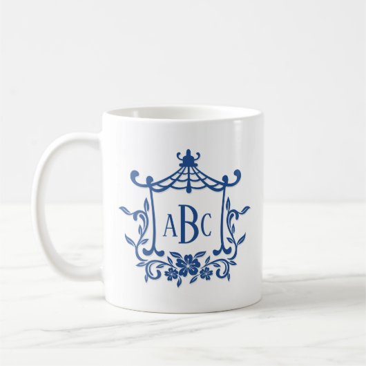 Blauw Wit Pagode Bloem Lijst Monogram Initialen Koffiemok (Links)