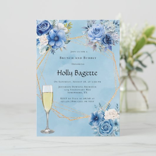 Blauw Wit Paint Peony Roos Brunch en Bubbly Kaart (Staand voorkant)