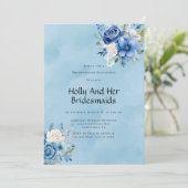 Blauw Wit Paint Pioen Roos Bruidsmeisjes Luncheon Kaart (Staand voorkant)