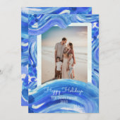 Blauw Wit Painterly Wave Kerstmis Familie Foto Feestdagenkaart (Voorkant / Achterkant)