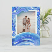 Blauw Wit Painterly Wave Kerstmis Familie Foto Feestdagenkaart (Staand voorkant)
