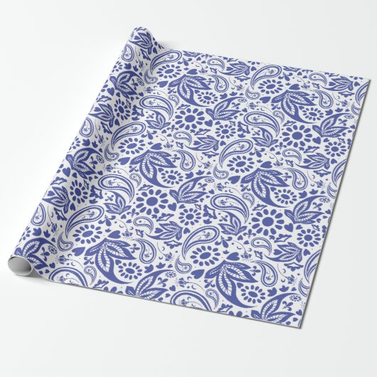 Blauw Wit Paisley Boho Pattern Cadeaupapier (Uitgerold)