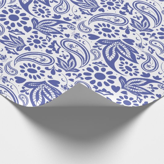  Blauw Wit Paisley Boho Pattern Cadeaupapier (Hoek)