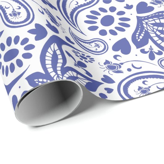  Blauw Wit Paisley Boho Pattern Cadeaupapier (Rol Hoek)
