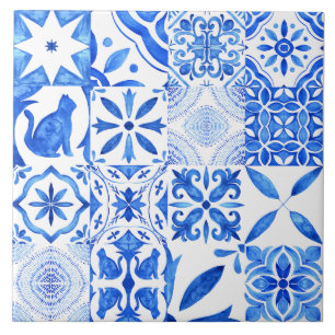 Blauw & Wit Patroon Waterverf Mediterraan Tegeltje