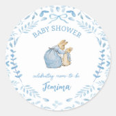 Blauw Wit Peter het Konijn Beatrix Baby shower Ronde Sticker (Voorkant)