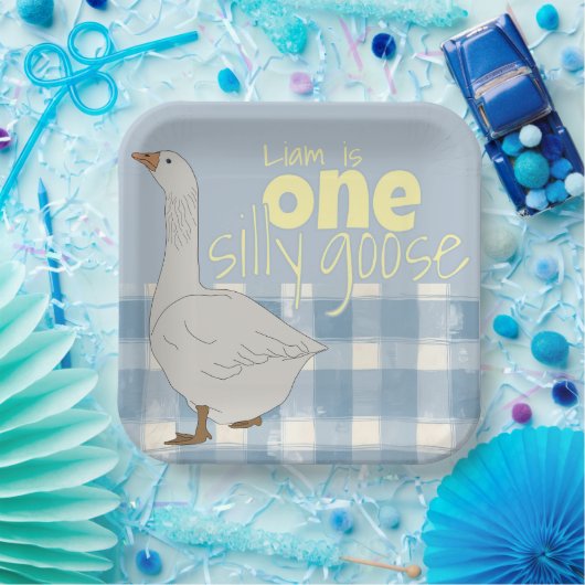 Blauw & Wit Plaid Een Gekke Gans Papieren Bordje (Feest)