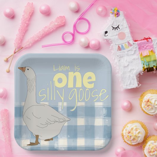 Blauw & Wit Plaid Een Gekke Gans Papieren Bordje (Feest)