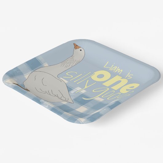 Blauw & Wit Plaid Een Gekke Gans Papieren Bordje (Gebogen)