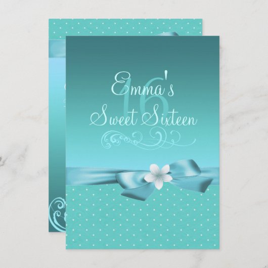 Blauw/Wit Polka Dot & Bow Verjaardag Uitnodigen Kaart (Voorkant / Achterkant)