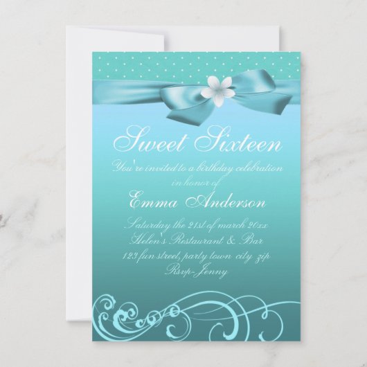 Blauw/Wit Polka Dot & Bow Verjaardag Uitnodigen Kaart (Achterkant)