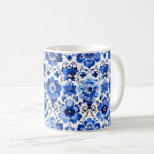 Blauw Wit Portugees Azulejo Floral Keramische Mok (Voorkant rechts)