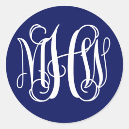 Blauw Wit Preppy Vine Script Monogram DIY BG Ronde Sticker