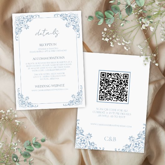 Blauw Wit QR Code Wedding Details Kaart