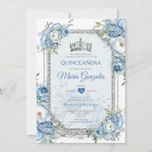 Blauw & Wit Quinceañera Zilveren Kroon 15 Anos Kaart (Voorkant)
