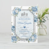 Blauw & Wit Quinceañera Zilveren Kroon 15 Anos Kaart (Staand voorkant)