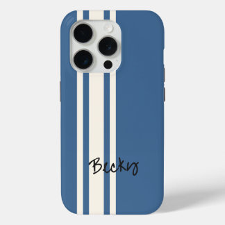 Blauw Wit Racing Stripes Stijlvolle Naam iPhone 15 Pro Case