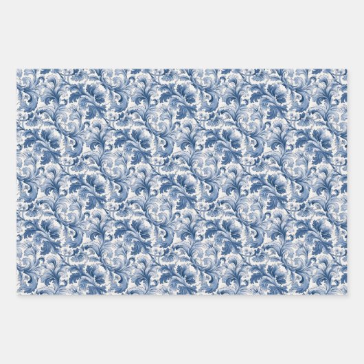 Blauw-wit Renaissance Acanthus Damask Inpakpapier Vel (Voorkant 3)