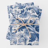 Blauw-wit Renaissance Acanthus Damask Inpakpapier Vel (In situ)