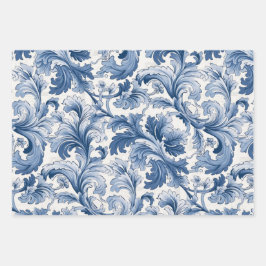 Blauw-wit Renaissance Acanthus Damask Inpakpapier Vel