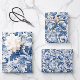 Blauw-wit Renaissance Acanthus Damask Inpakpapier Vel