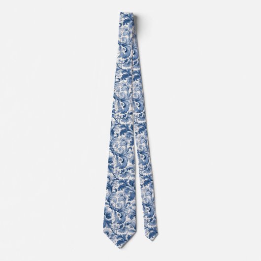 Blauw-wit Renaissance Acanthus Damask Stropdas (Voorkant)