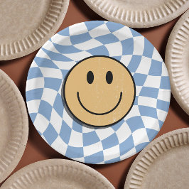 Blauw-wit Retro Checkered Birthday Boy Papieren Bordje