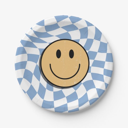 Blauw-wit Retro Checkered Birthday Boy Papieren Bordje (Voorkant)