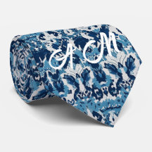 Blauw Wit Retro Ikat Patroon 2 Monogram Initialen