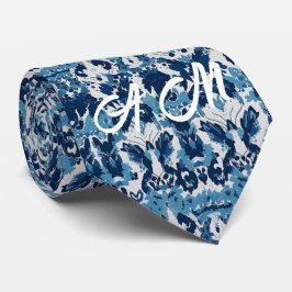 Blauw Wit Retro Ikat Patroon 2 Monogram Initialen Stropdas