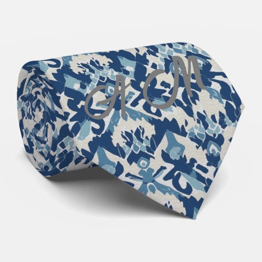 Blauw Wit Retro Ikat Patroon 3 Monogram Initialen Stropdas (Opgerold)
