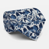 Blauw Wit Retro Ikat Patroon Monogram Initialen Stropdas (Opgerold)