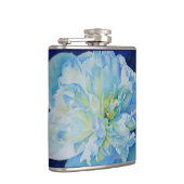 Blauw wit romantisch pioen waterverf schilderij heupfles (Rechts)